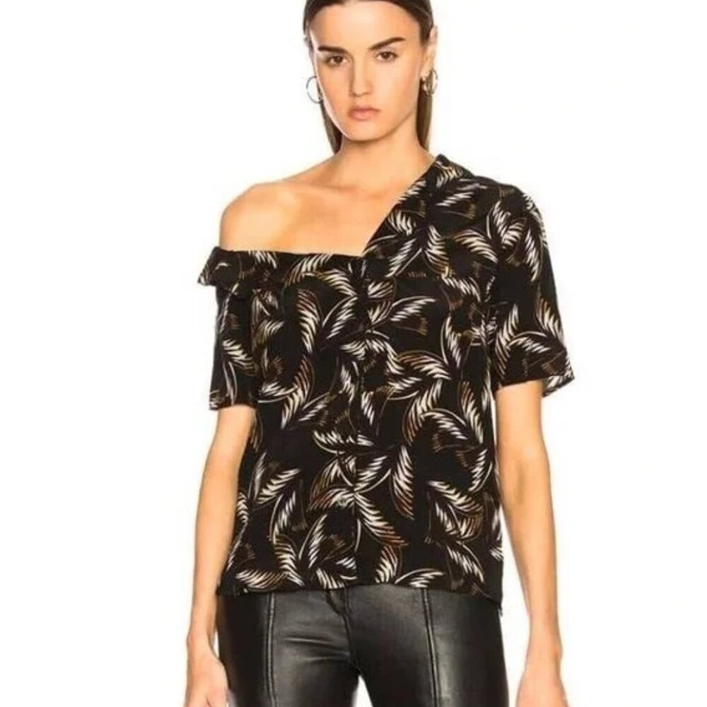 A.L.C. 100% Silk Josephine Palm Cold Shoulder Button Up Cocktail Blouse Top